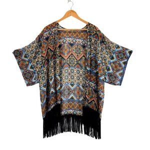 Kimono Boho Tribal Black Fringe Cardigan M by B_envied Wrap Gypsey Floral